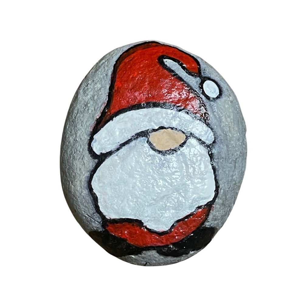 Hand crafted painted Santa Claus gnome rock red hat white long beard round stone - Picture 2 of 6